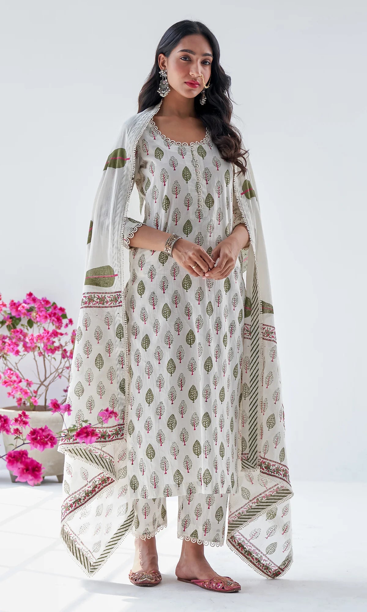 Handblock Printed Cotton Kurta Set with Dupatta – White & Olive Green Floral