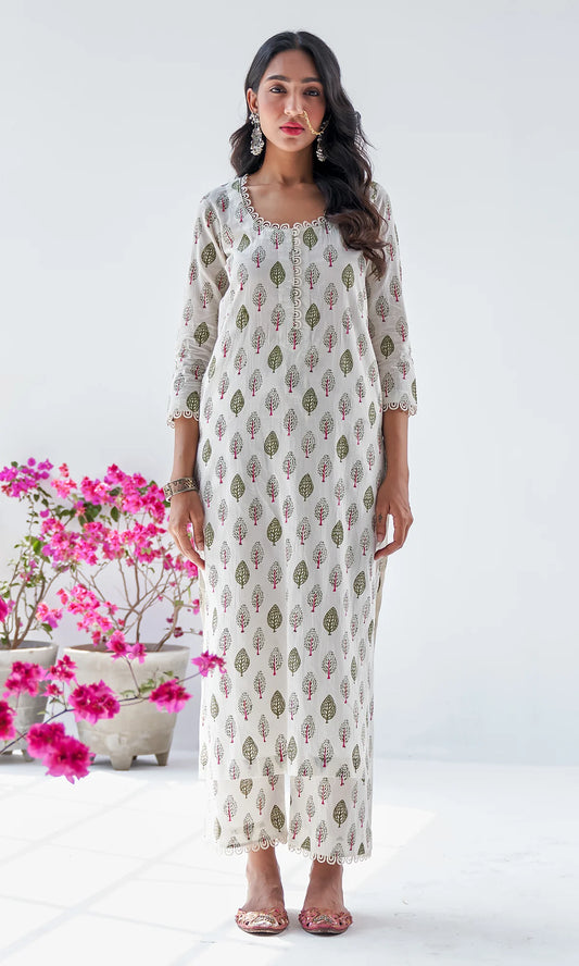 Handblock Printed Cotton Kurta Set with Dupatta – White & Olive Green Floral