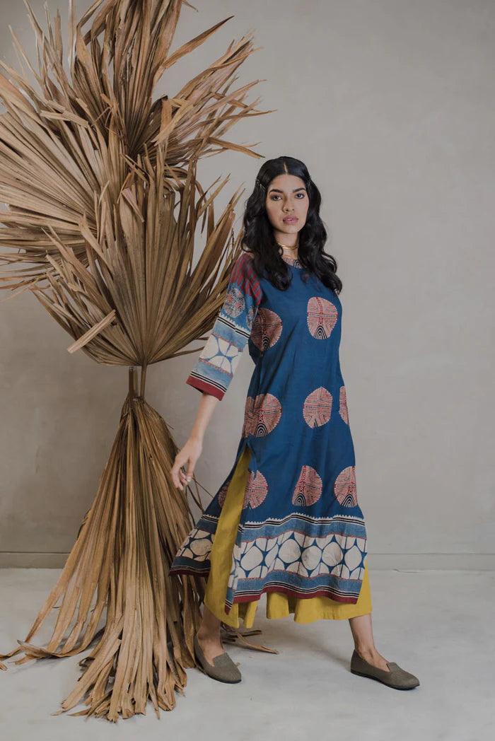 Indigo Circle Motif Cotton Kurta