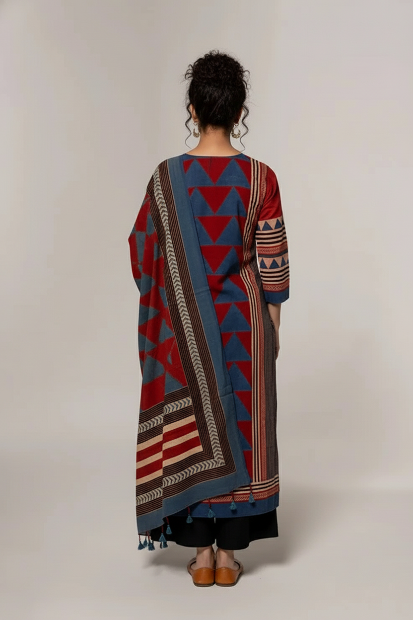 Red & Blue Geometric Block Print Cotton Kurta Set with Dupatta