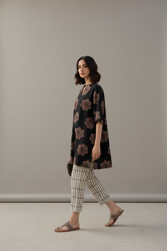 Black Printed Cotton Kurta with Beige Striped Pants – Casual Summer Set
