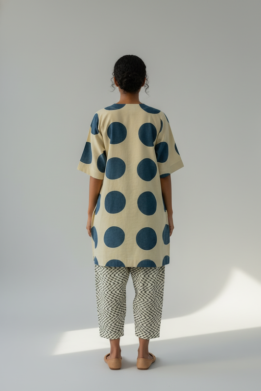 Beige & Indigo Polka Dot Cotton Kaftan Top with Printed Pants Co-ord Set