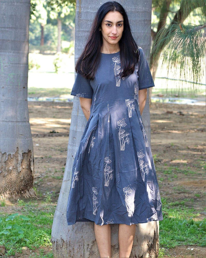 Slate Blue Botanical Print Pleated Dress