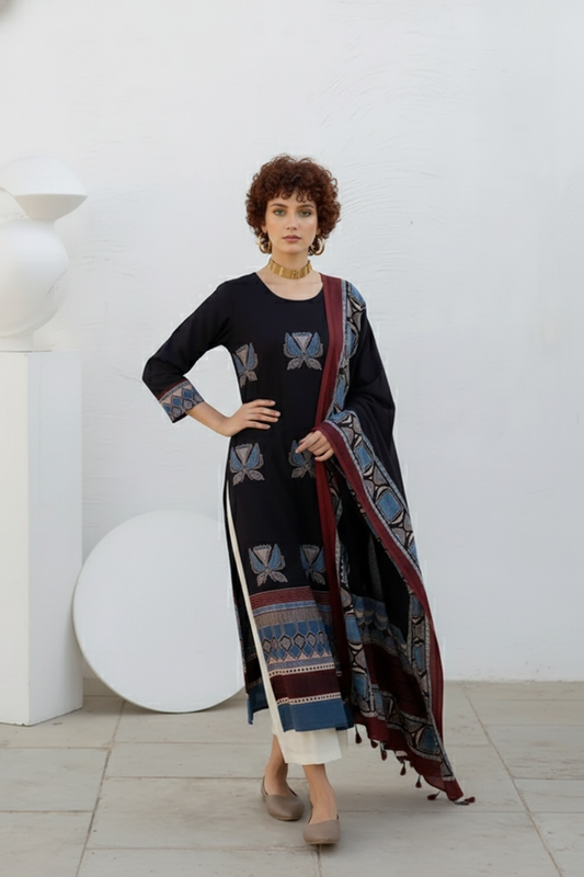 Black & Maroon Printed Cotton Kurta Set with Matching Dupatta and Cream Pants