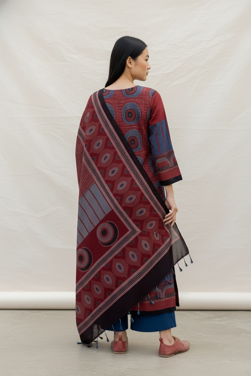 Maroon & Indigo Circular Motif Print Cotton Kurta With Dupatta
