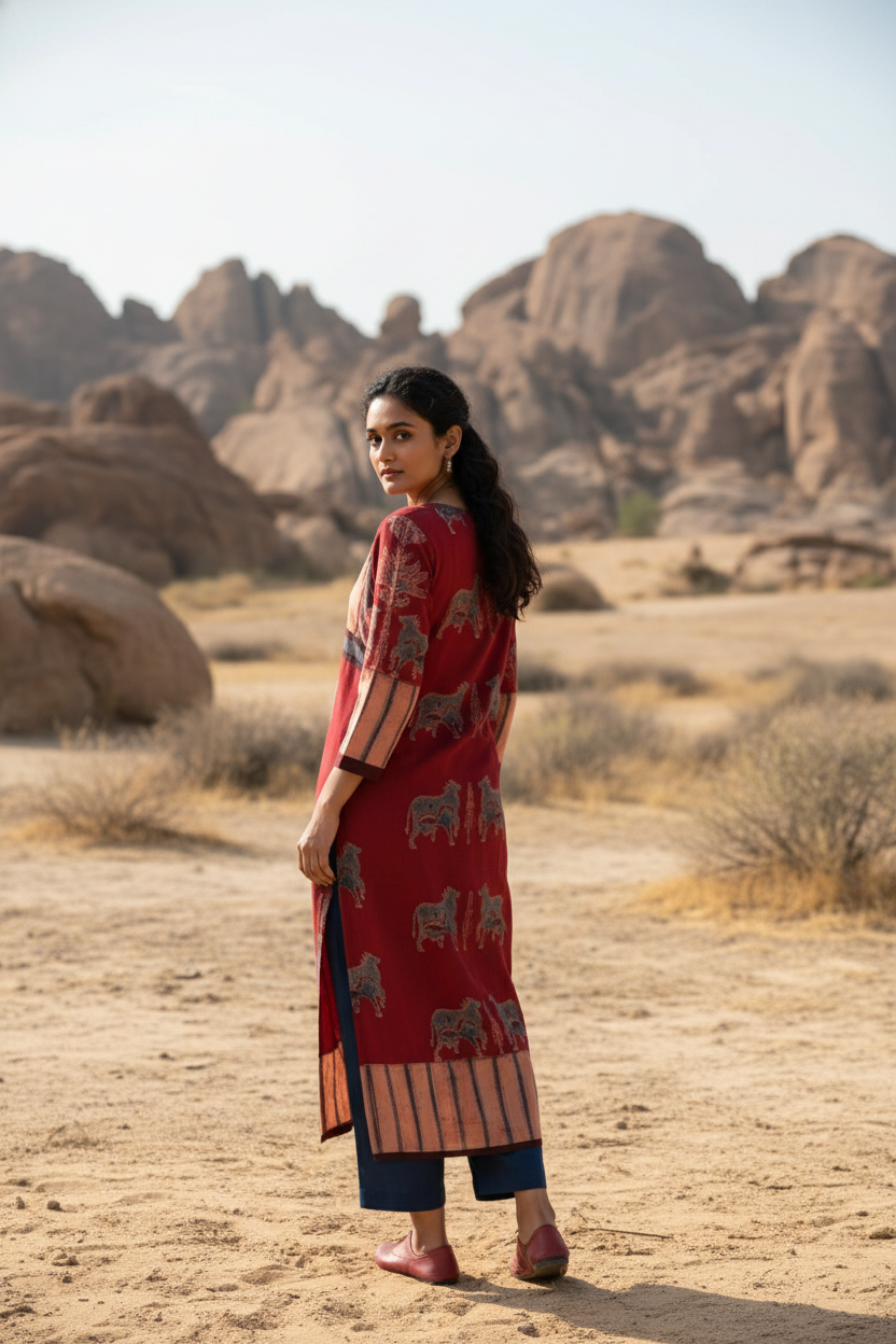 Maroon Pichwai Cow Motif Cotton Kurta