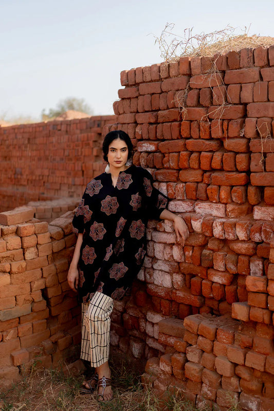 Black Printed Cotton Kurta with Beige Striped Pants – Casual Summer Set