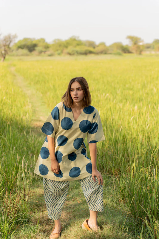 Beige & Indigo Polka Dot Cotton Kaftan Top with Printed Pants Co-ord Set