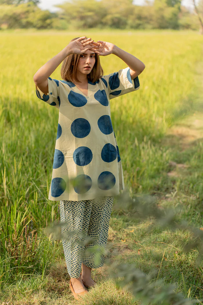 Beige & Indigo Polka Dot Cotton Kaftan Top with Printed Pants Co-ord Set