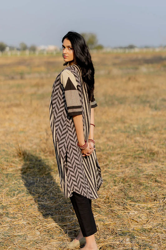 Beige & Black Striped Print Cotton A-Line Kurta
