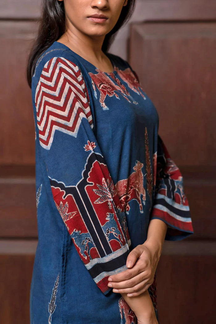 Navy Blue Pichwai Cow Print Cotton Straight Kurta