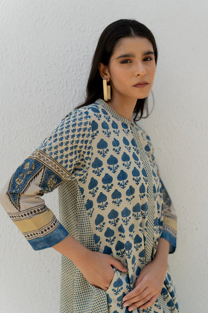 Beige & Indigo Floral Printed A-Line Cotton Kurta
