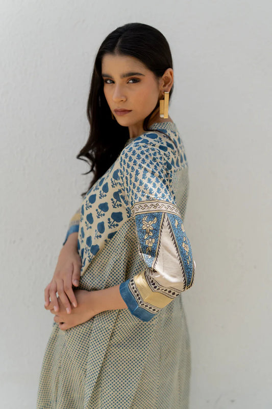 Beige & Indigo Floral Printed A-Line Cotton Kurta