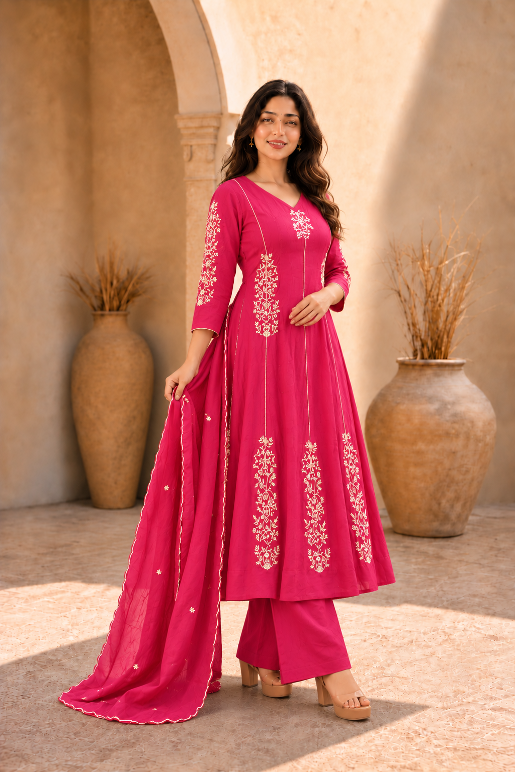 Rani Pink Embroidered Anarkali KuArta Set with Dupatta