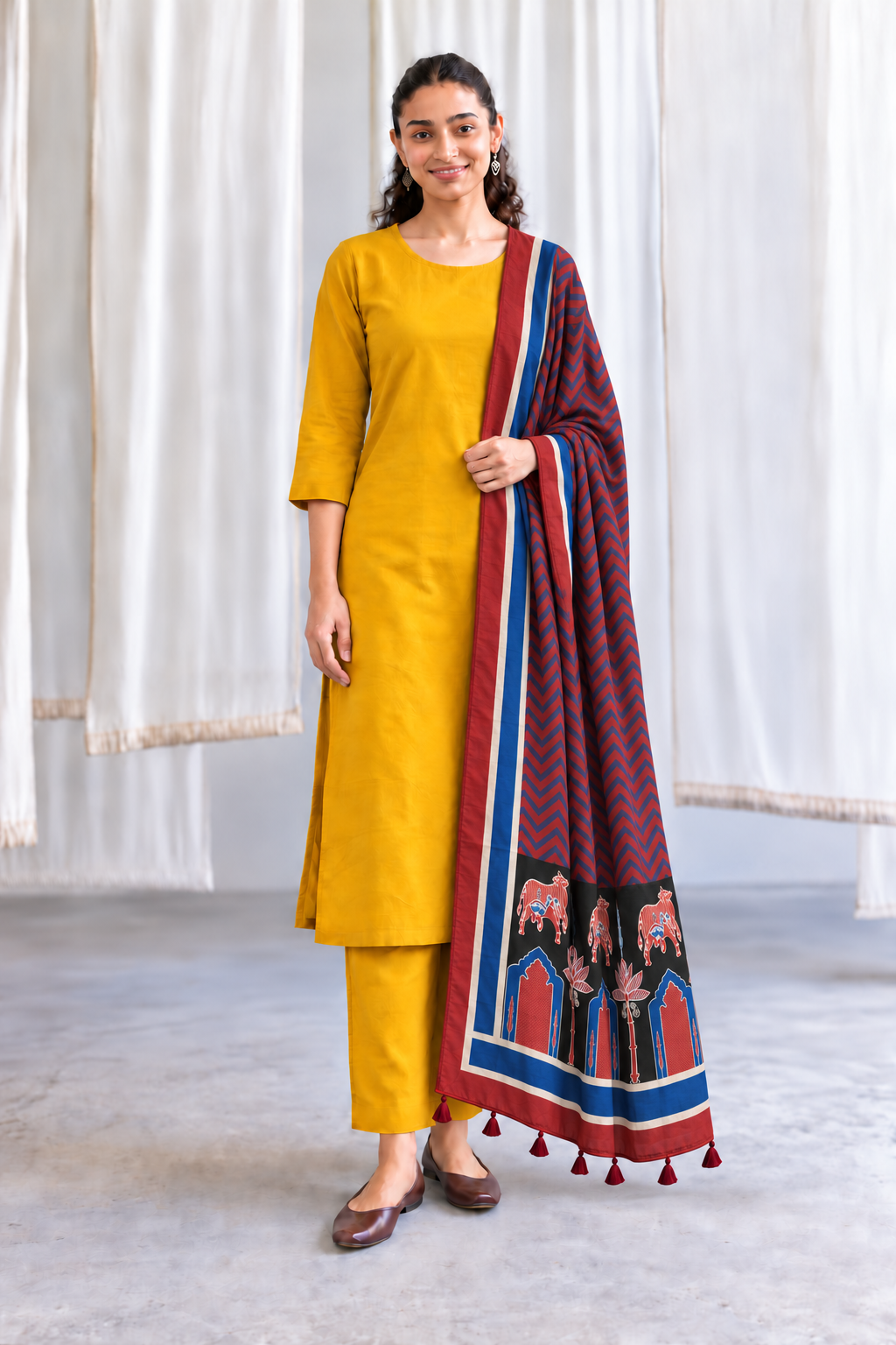 Mustard Yellow Kurta Set with Printed Tassel Dupatta