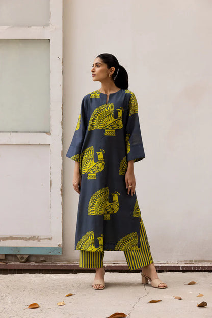 Peacock Motif Printed Kurta Set with Striped Pants