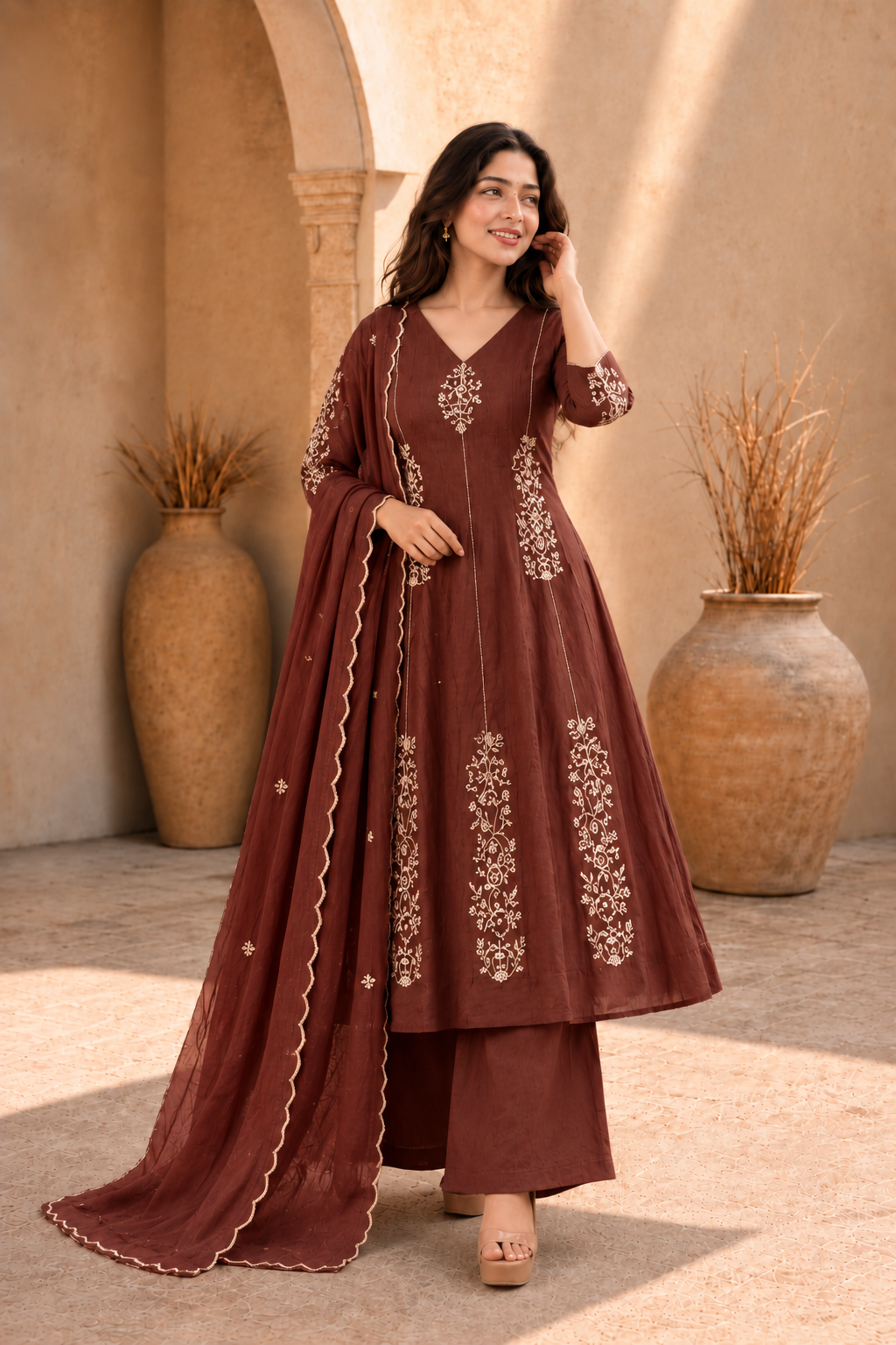 Mahogany Brown Embroidered Anarkali Kurta Set with Dupatta