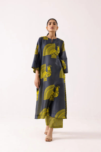 Peacock Motif Printed Kurta Set with Striped Pants