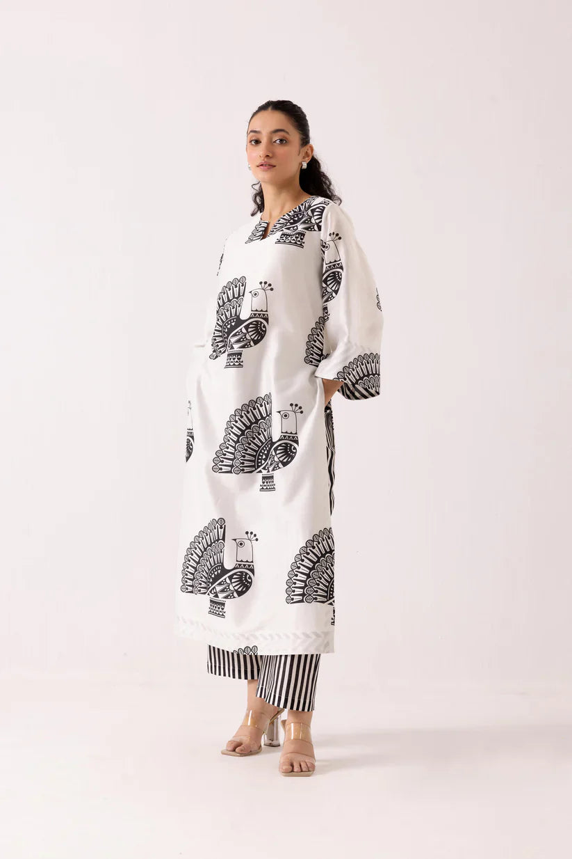 Monochrome Peacock Print Kurta Set with Striped Pants