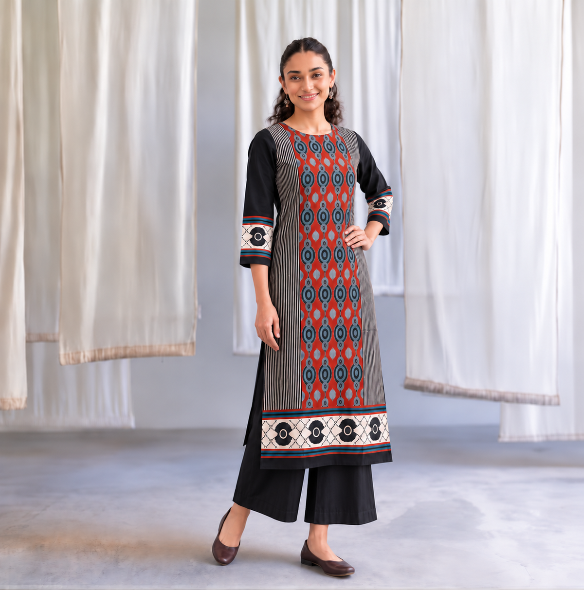 Rust & Black Geometric Print Kurta Palazzo Set