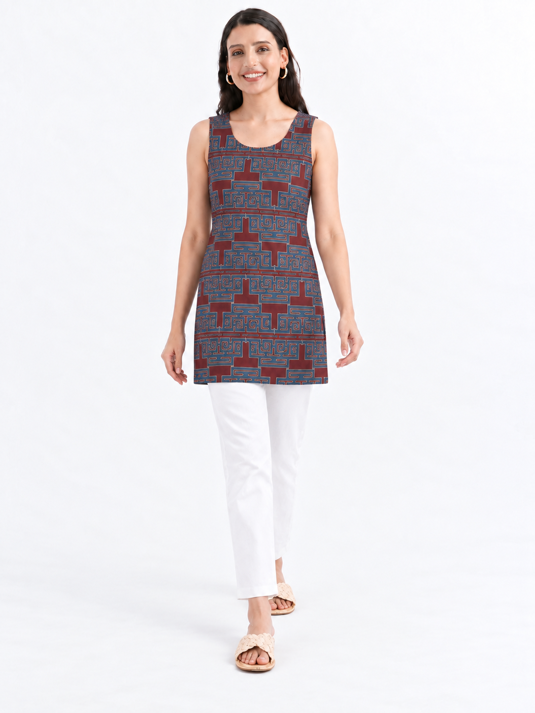 Women's Maroon Printed Sleeveless Cotton Top