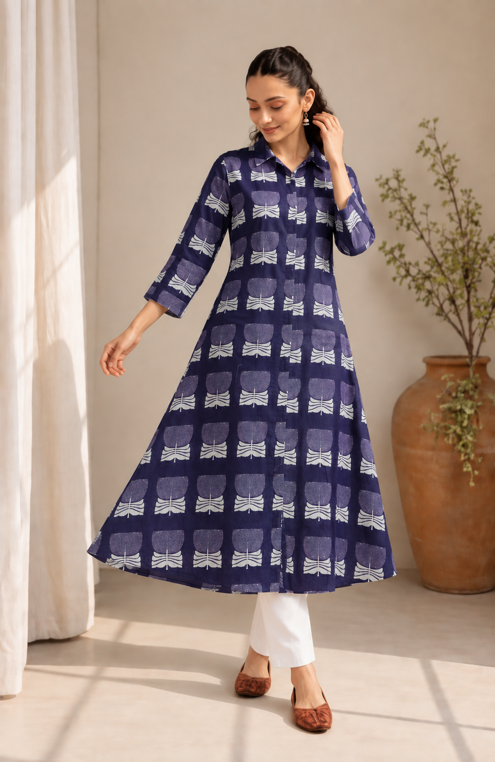 Women's Black & White Printed Cotton A-Line Kurta only