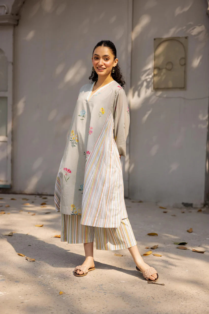 Floral Stripe Kurta Set with Straight Pants