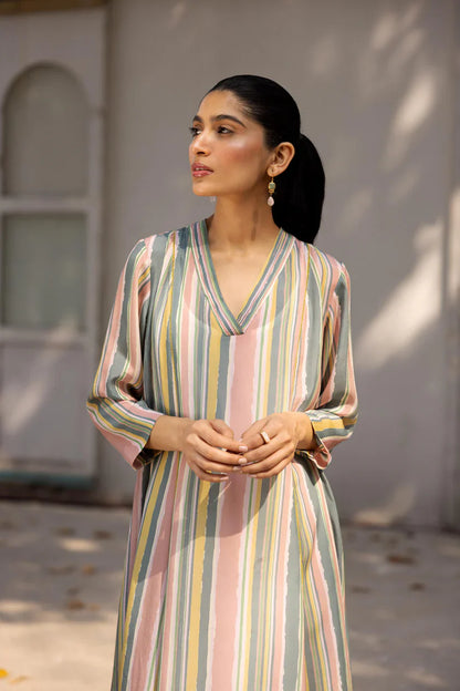 Multicolor Stripe Flared Kurta Set with Straight Pants