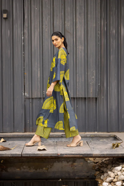 Peacock Motif Printed Kurta Set with Striped Pants