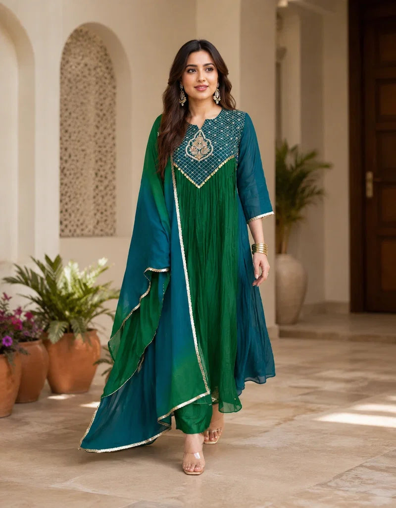 Emerald Teal Zari Embroidered Anarkali Kurta Set Product Details