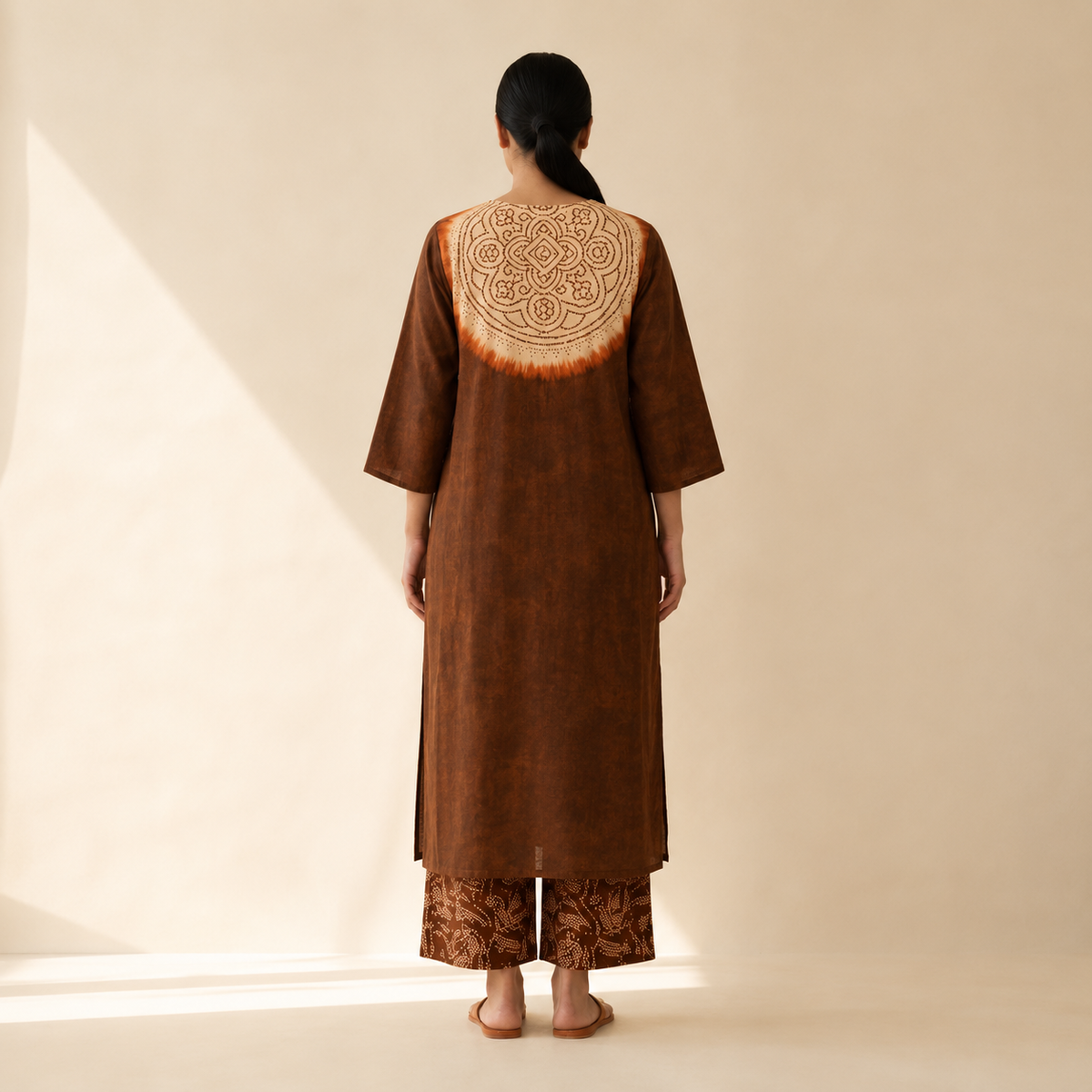 Women's Premium Brown Cotton Tie-Dye Embroidered Kurta Set