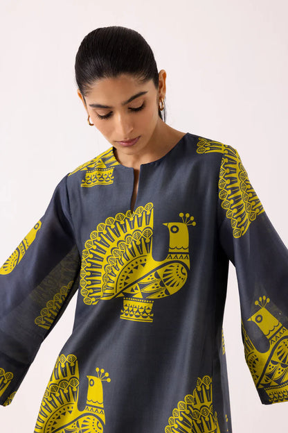 Peacock Motif Printed Kurta Set with Striped Pants
