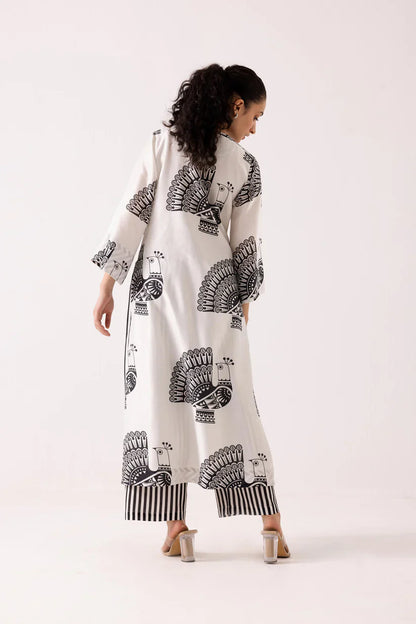 Monochrome Peacock Print Kurta Set with Striped Pants