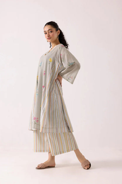 Floral Stripe Kurta Set with Straight Pants