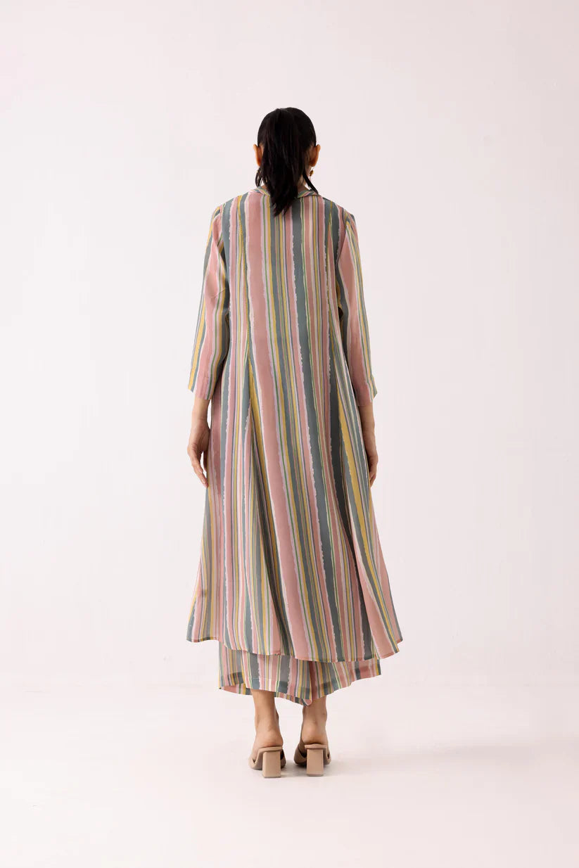 Multicolor Stripe Flared Kurta Set with Straight Pants