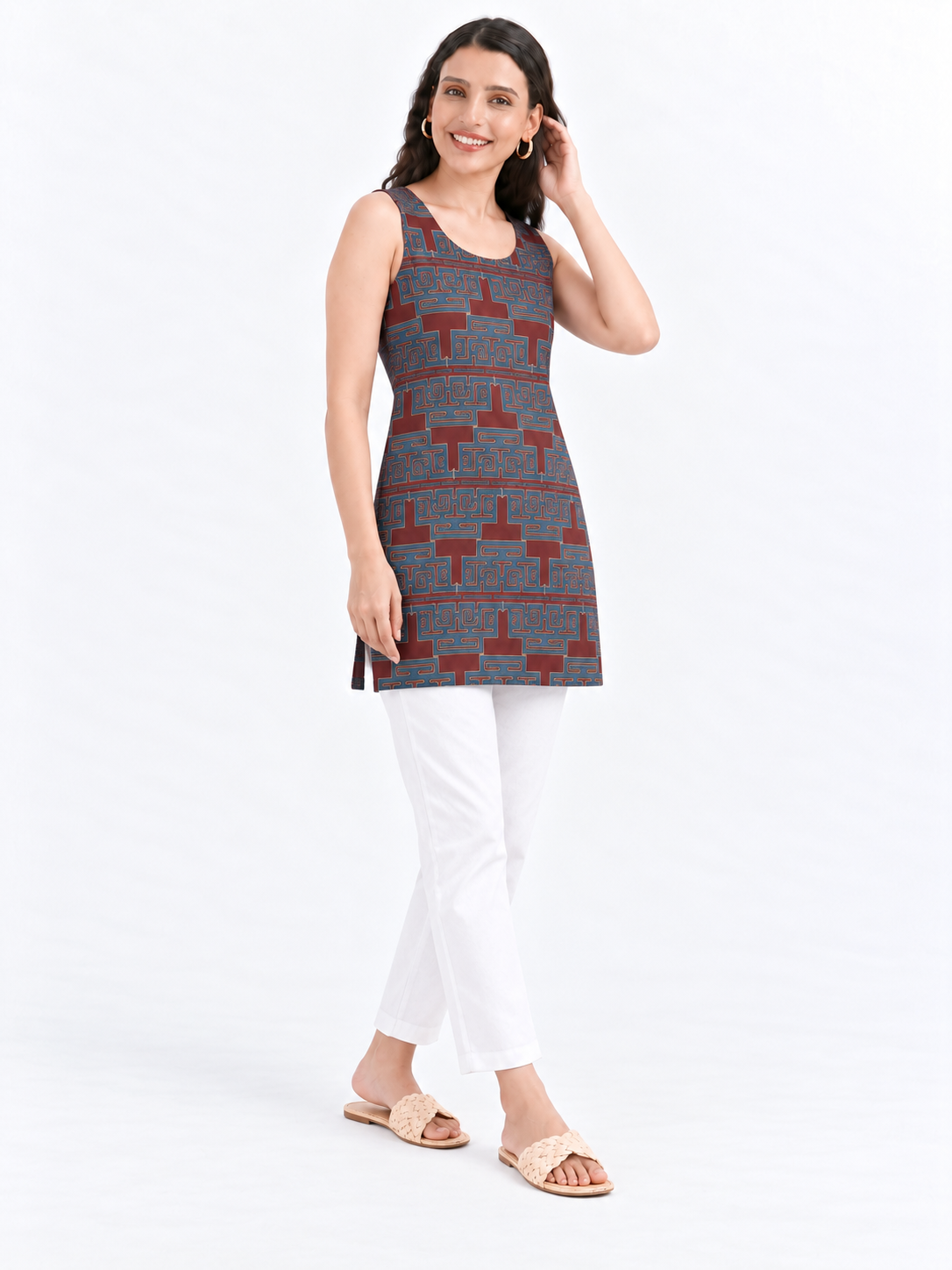 Women's Maroon Printed Sleeveless Cotton Top
