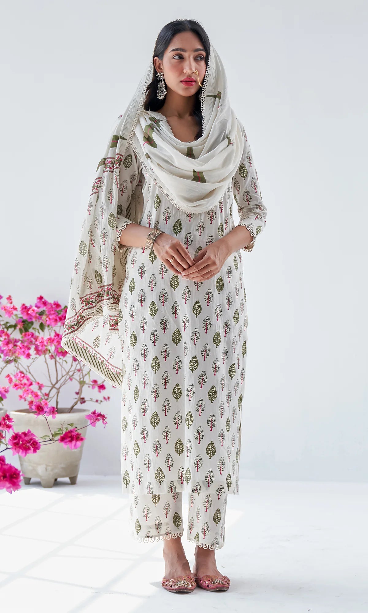 Handblock Printed Cotton Kurta Set with Dupatta – White & Olive Green Floral