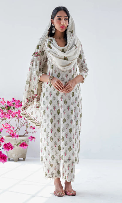 Handblock Printed Cotton Kurta Set with Dupatta – White & Olive Green Floral
