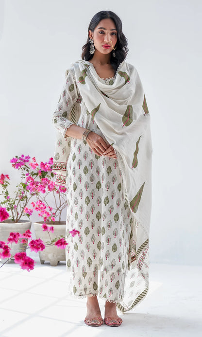 Handblock Printed Cotton Kurta Set with Dupatta – White & Olive Green Floral