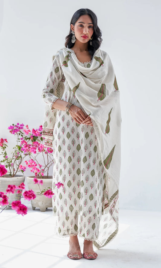 Handblock Printed Cotton Kurta Set with Dupatta – White & Olive Green Floral