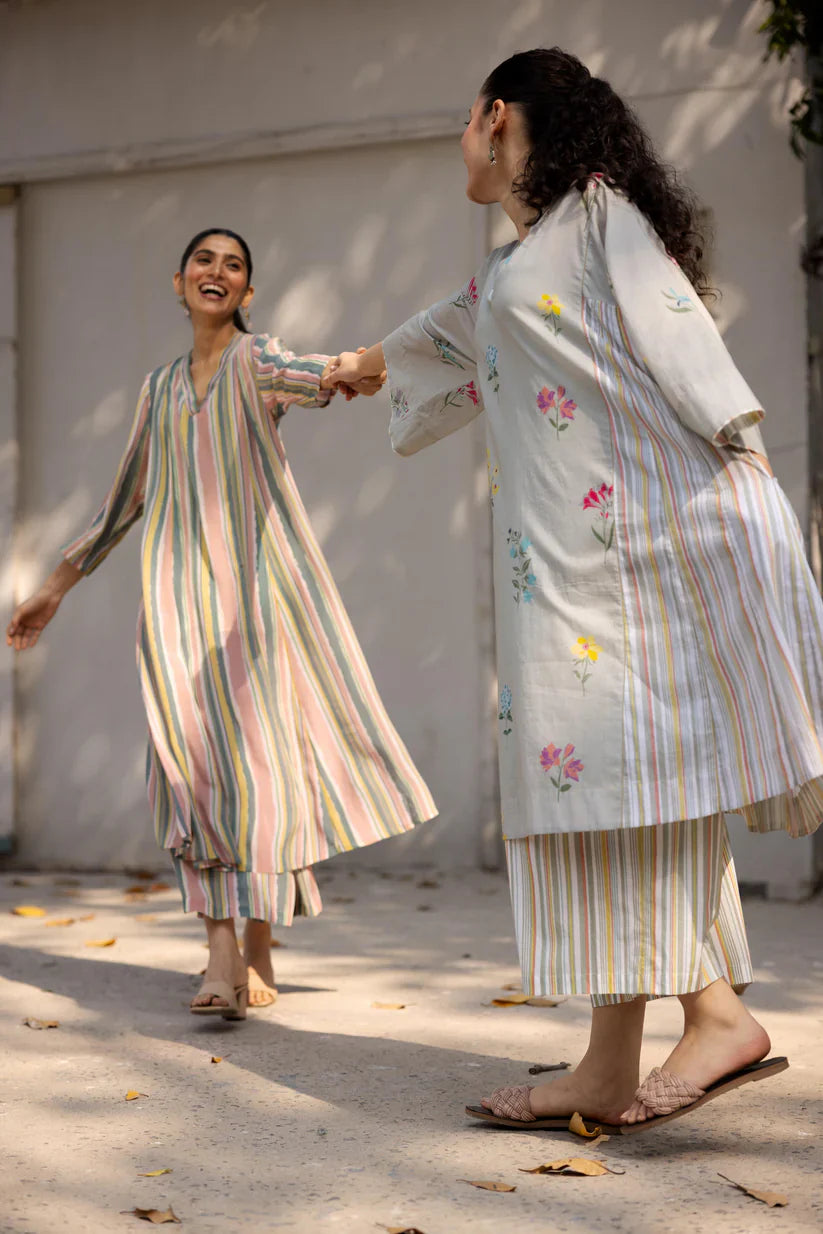 Multicolor Stripe Flared Kurta Set with Straight Pants