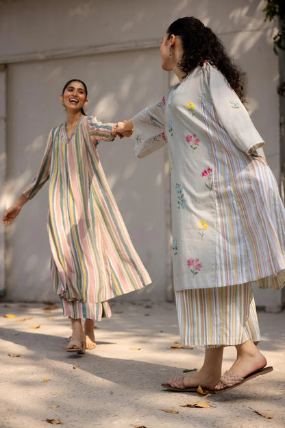 Multicolor Stripe Flared Kurta Set with Straight Pants