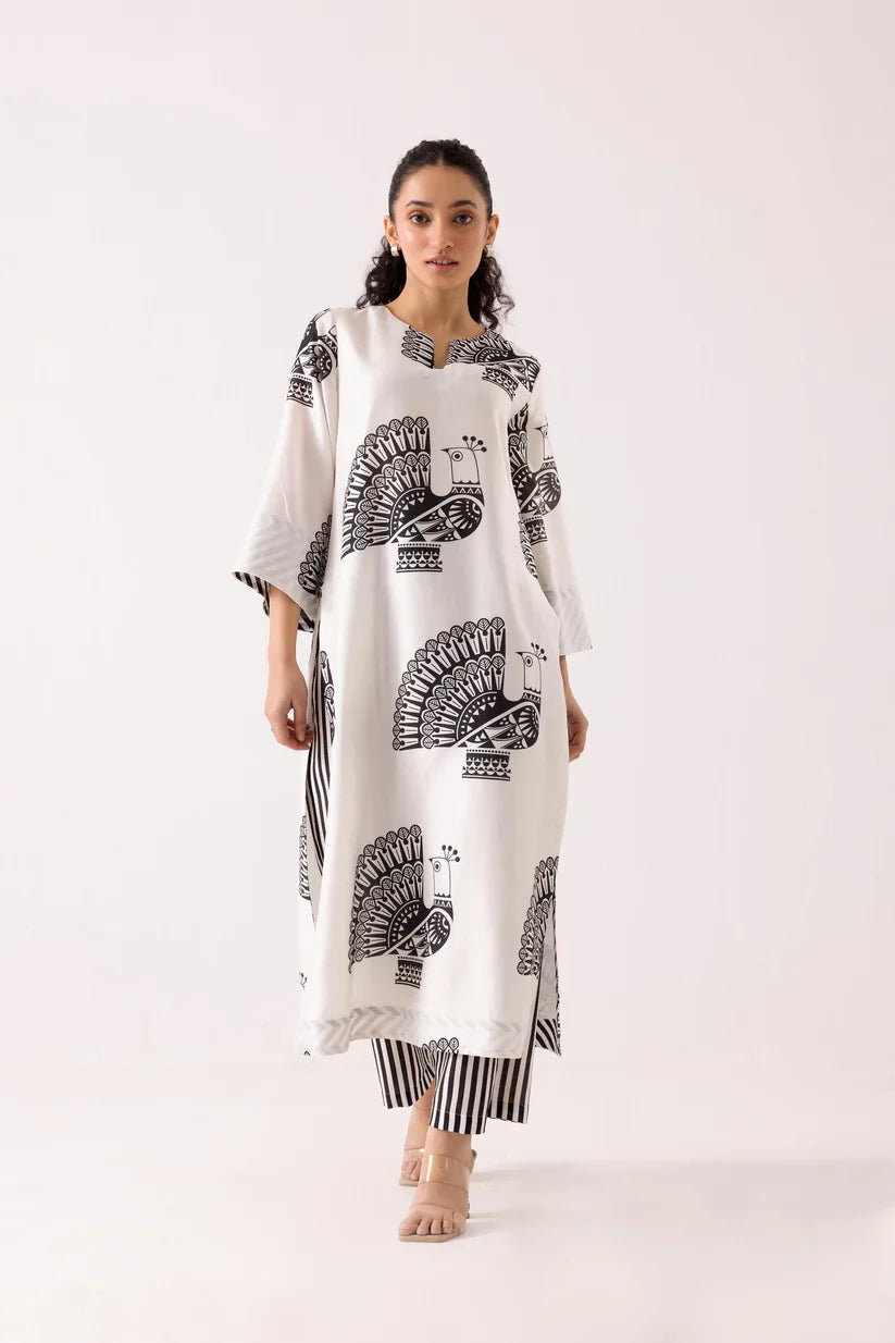 Monochrome Peacock Print Kurta Set with Striped Pants