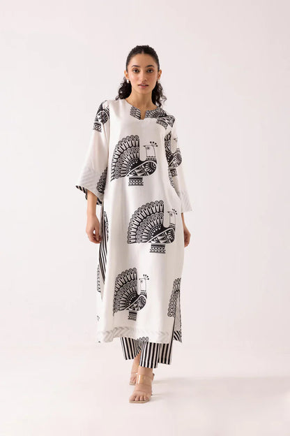 Monochrome Peacock Print Kurta Set with Striped Pants