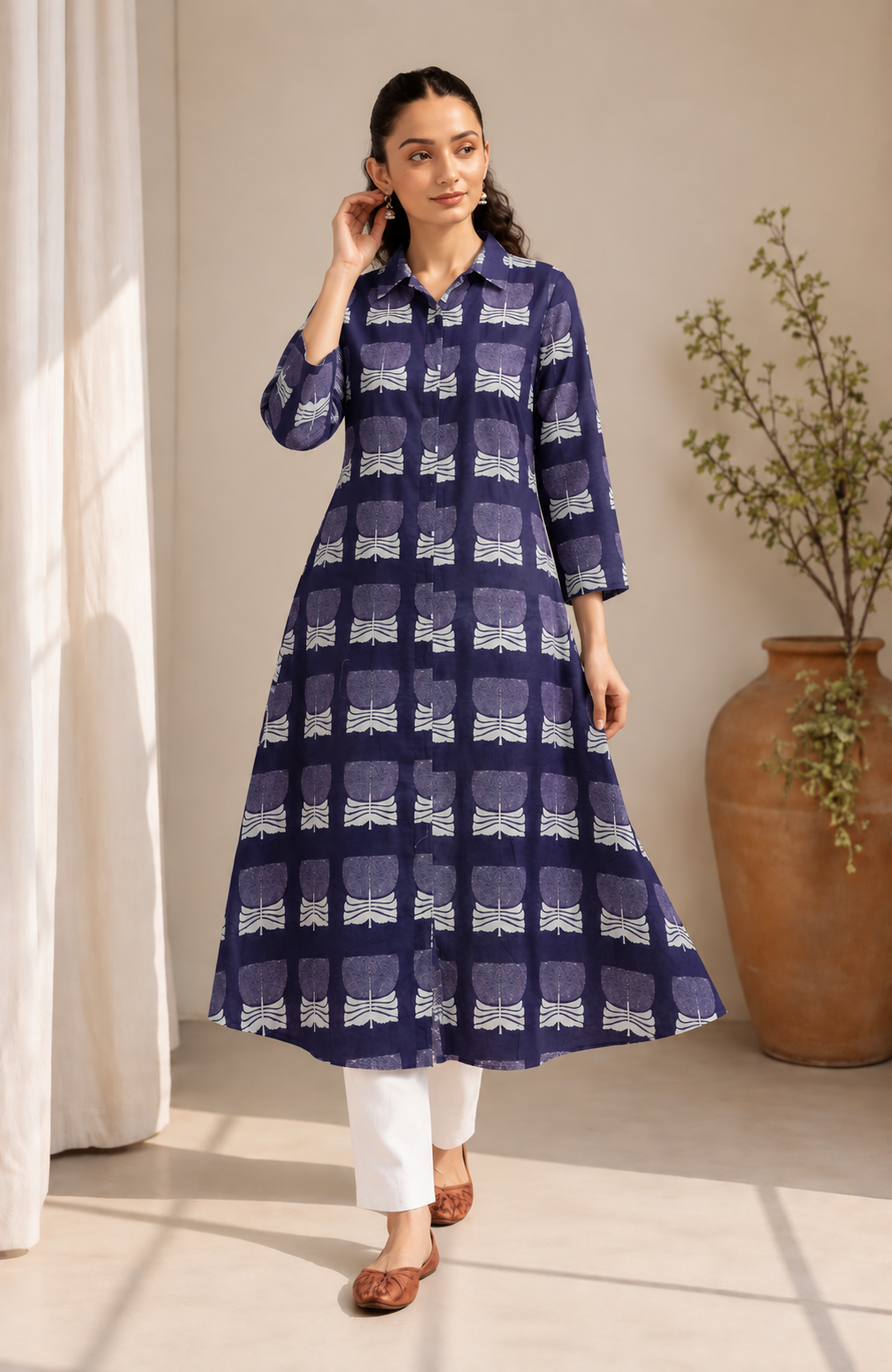 Women's Black & White Printed Cotton A-Line Kurta only
