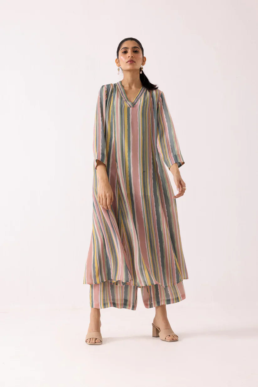 Multicolor Stripe Flared Kurta Set with Straight Pants