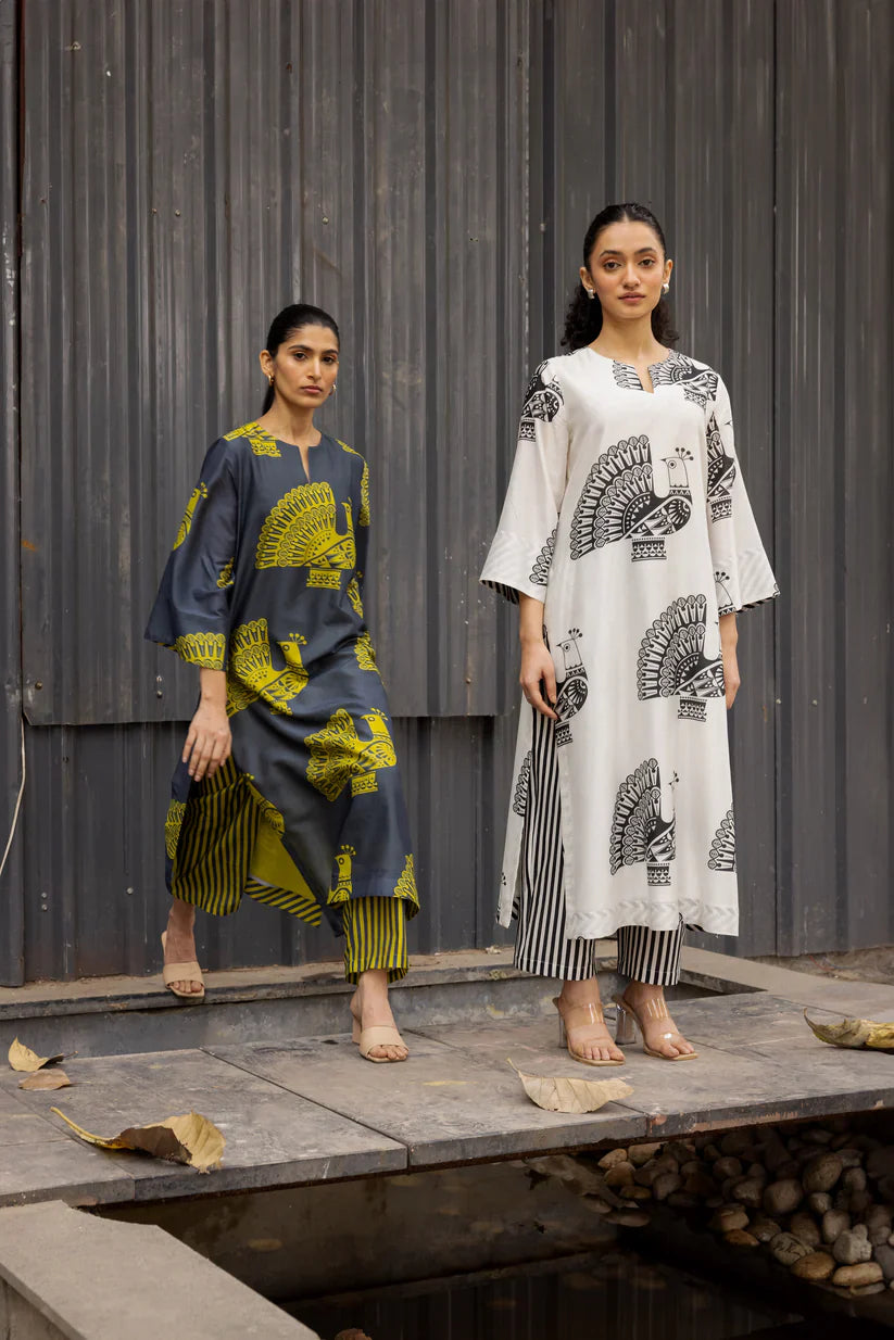 Monochrome Peacock Print Kurta Set with Striped Pants