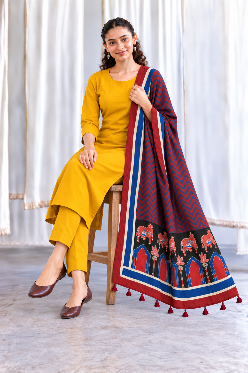 Mustard Yellow Kurta Set with Printed Tassel Dupatta