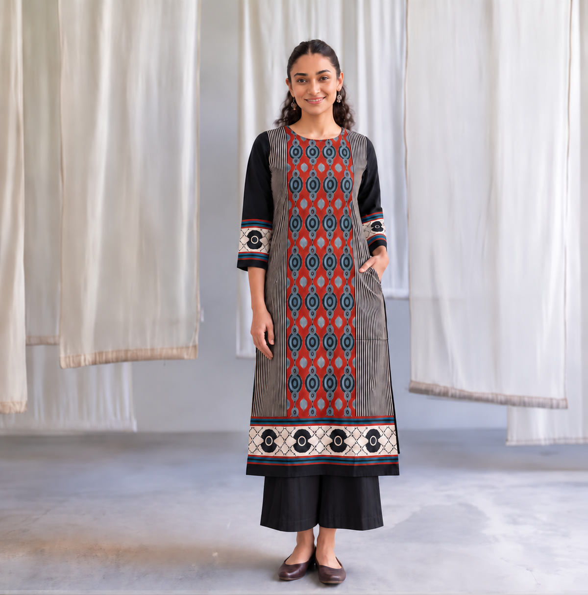 Rust & Black Geometric Print Kurta Palazzo Set