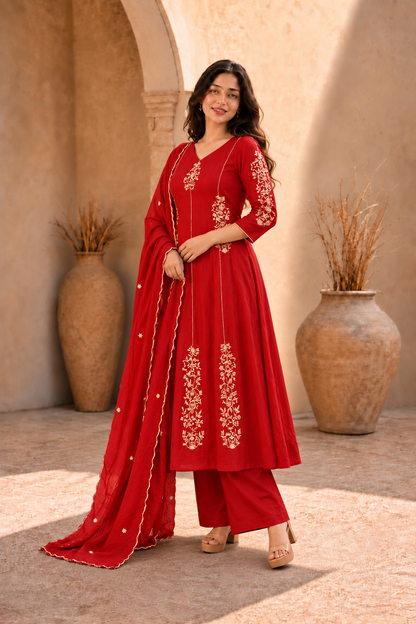 Red Embroidered Anarkali Kurta Set with Dupatta